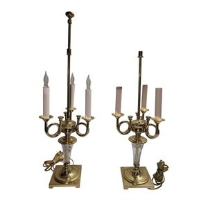 Waterford Overture Fine Cut Crystal and Brass 3-Arm Table Lamp Pair Mint